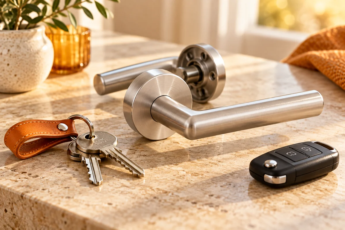 Chìa khóa nhà, remote ô tô và bộ tay nắm cửa — hình minh họa dịch vụ khóa
