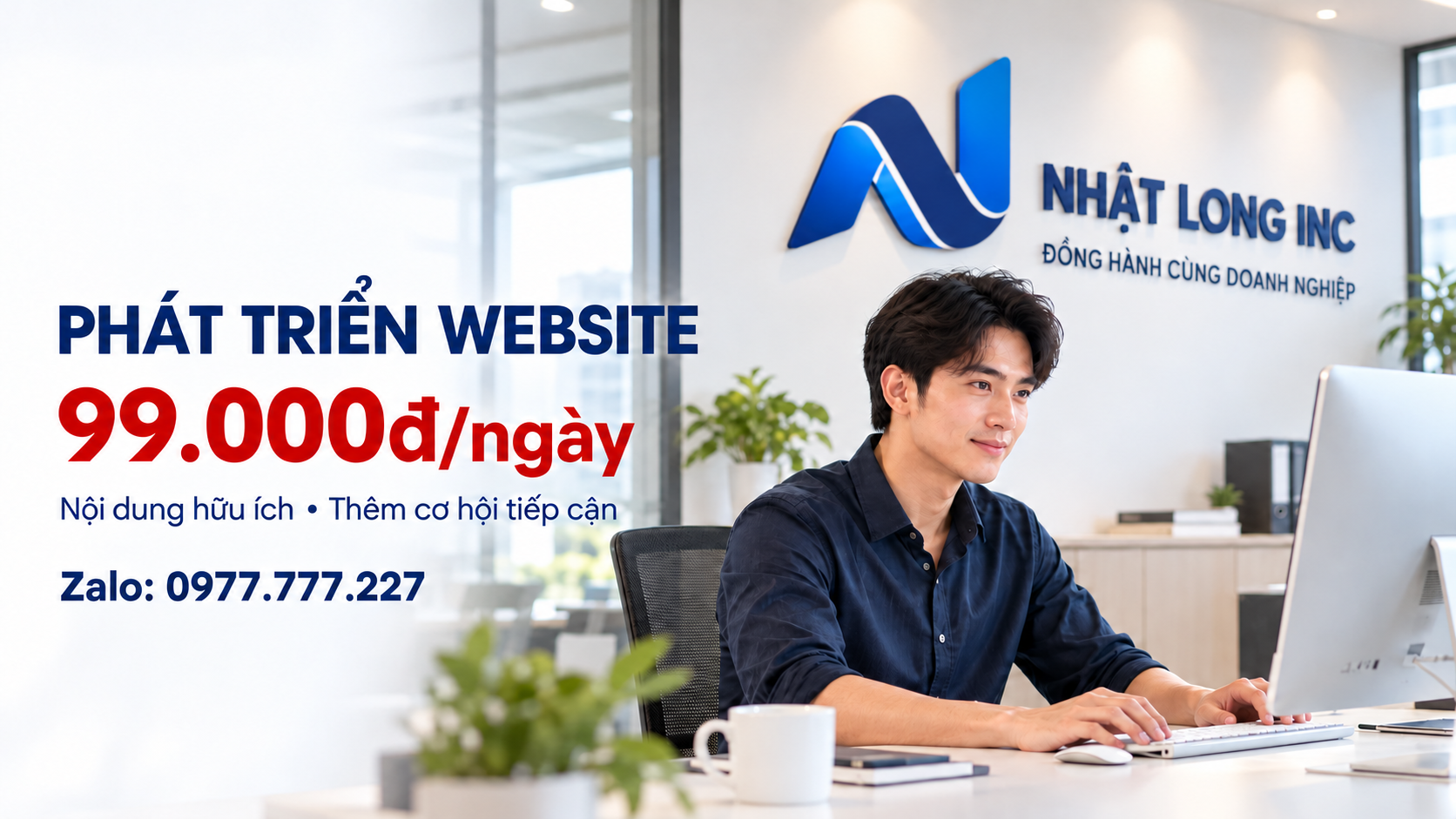 Chàng trai làm việc trong văn phòng Nhật Long INC, logo và slogan trên tường