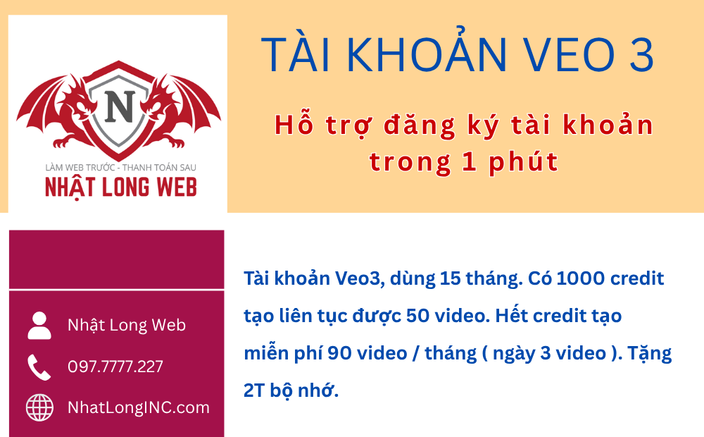 Tài khoản Veo3, dùng 15 tháng. Có 1000 credit tạo liên tục được 50 video. Hết credit tạo miễn phí 90 video tháng ( ngày 3 video ). Tặng 2T bộ nhớ. 1. 49k Bảo hành 3 ngày. Bán từ 2 tài khoản x 49