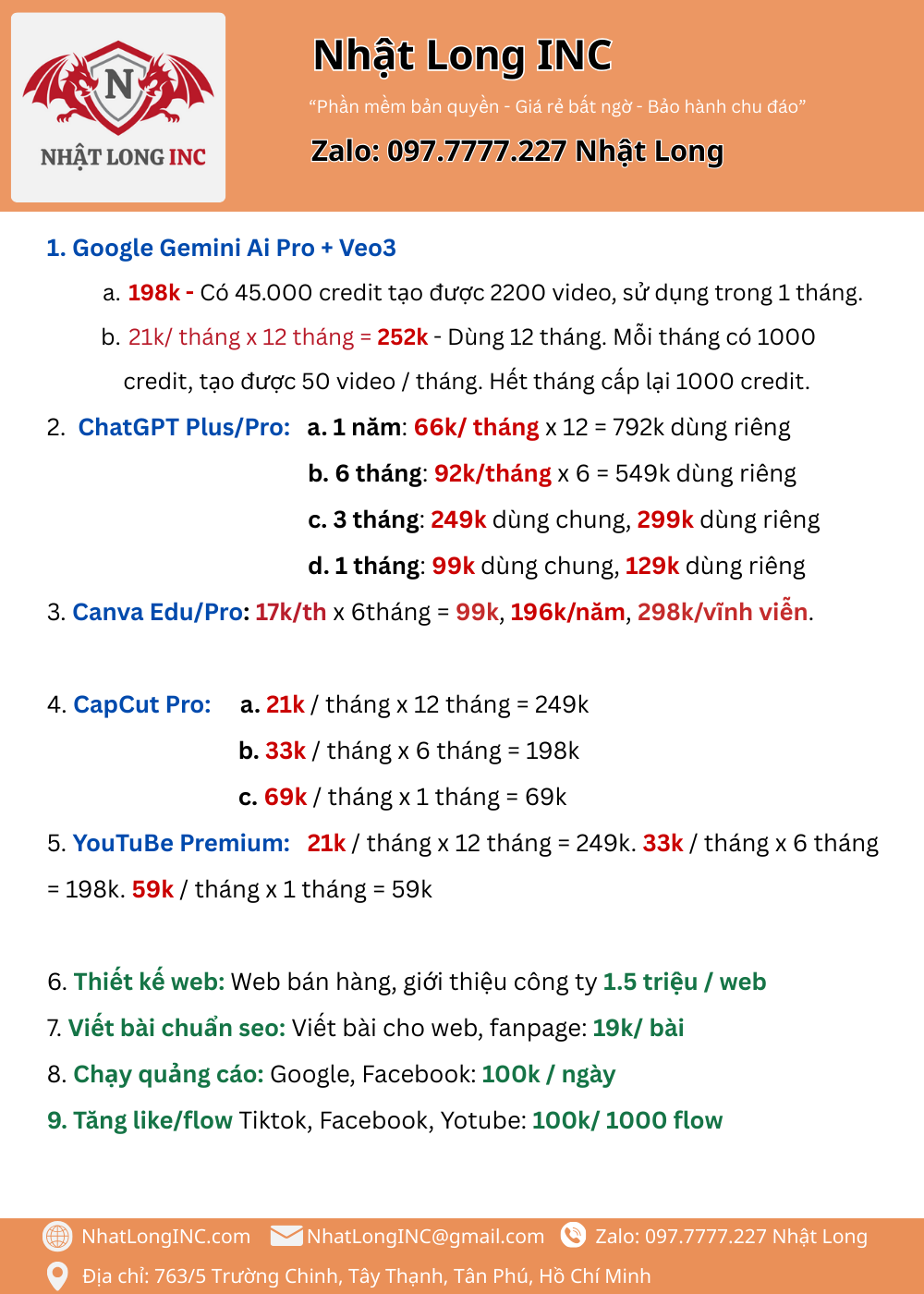 Capcut Pro 21k/tháng. Canva Pro 17k / tháng. Youtube Premium 21k / tháng. ChatGpt 66k / tháng. Veo3 Gemini 21k / tháng. Đặt qua zalo: 097.7777.227 Nhật Long