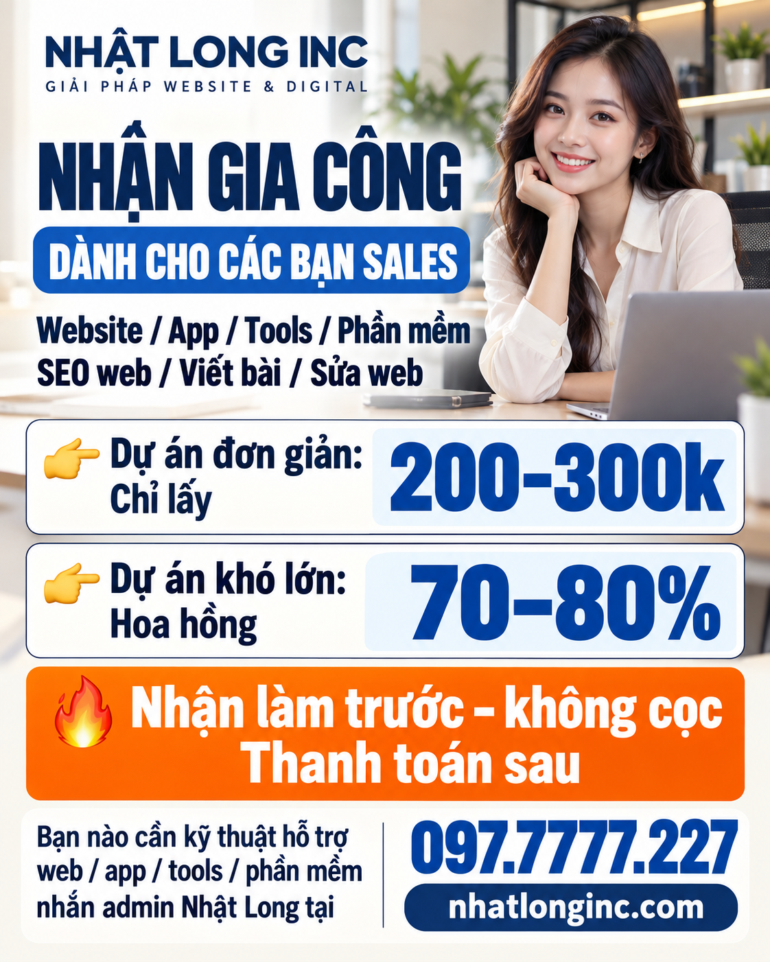 Dự án đơn giản 200–300k, hoa hồng dự án lớn 70–80%, nhận làm trước không cọc thanh toán sau
