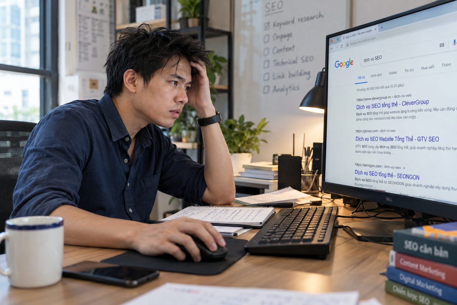 Người bù đầu làm SEO bên máy tính hiển thị Google tìm kiếm