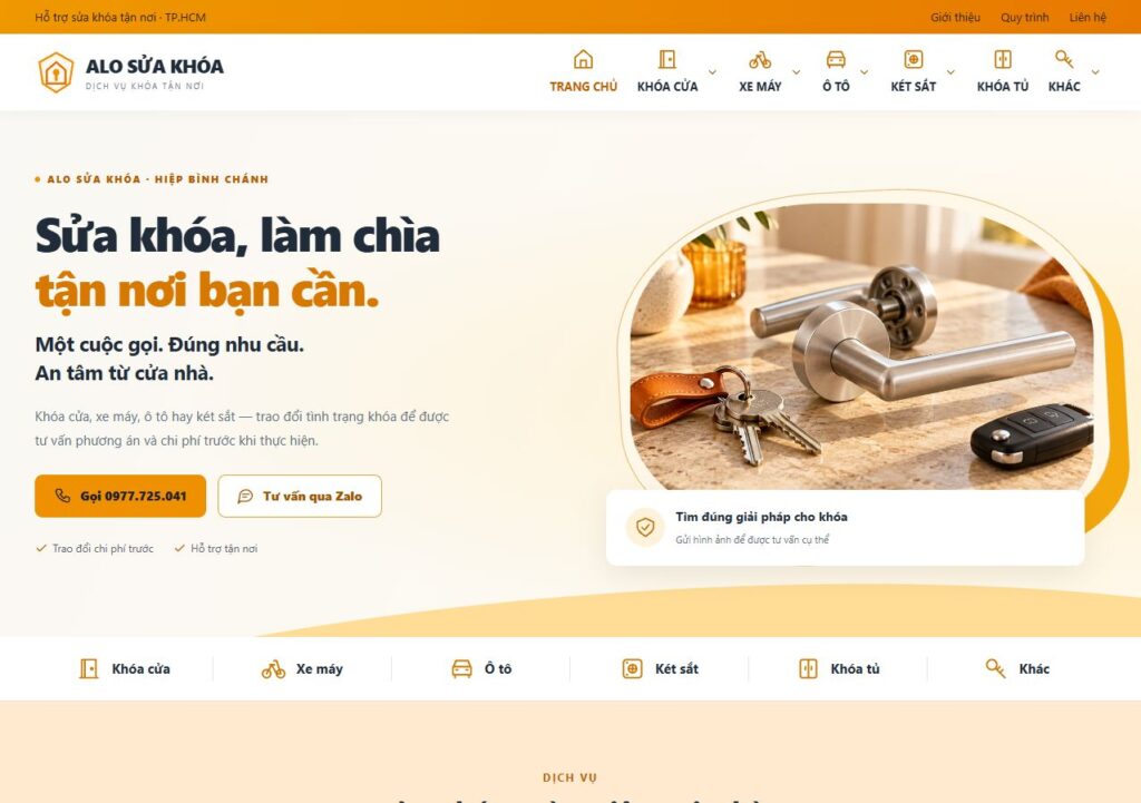 Ảnh chụp giao diện website Alo Sửa Khóa trên hosting Nhật Long ngày 24/10/2026