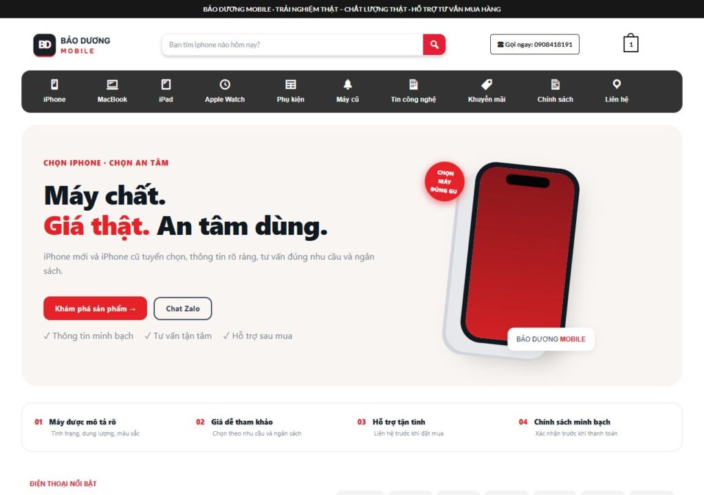 Ảnh chụp giao diện website Bảo Dương Mobile trên hosting Nhật Long ngày 24/10/2026