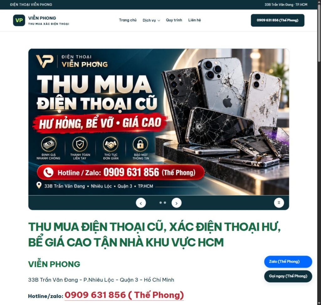 Ảnh chụp giao diện website Điện Thoại Viễn Phong trên hosting Nhật Long ngày 24/10/2026